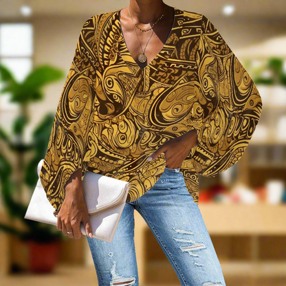 African Ethnic Animal Motif V-Neck Chiffon Puff Sleeve Blouse by Luxtrini