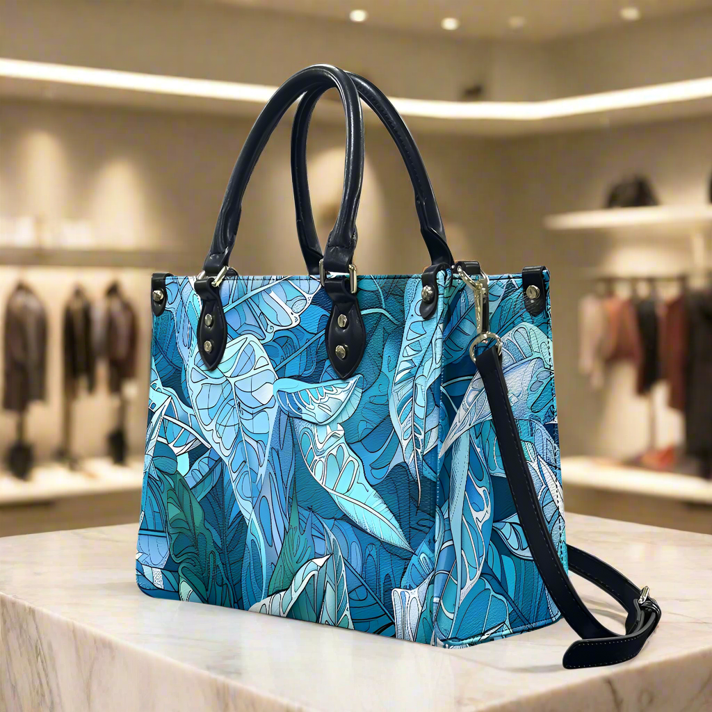 Ocean Leaf Designer  - Versatile Women's PU Leather Twill Handbag in Tropical Blues