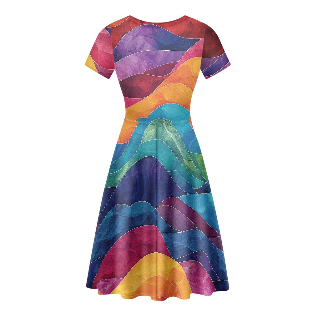 Women Scoop Neck Short Sleeve Ruffle Dress