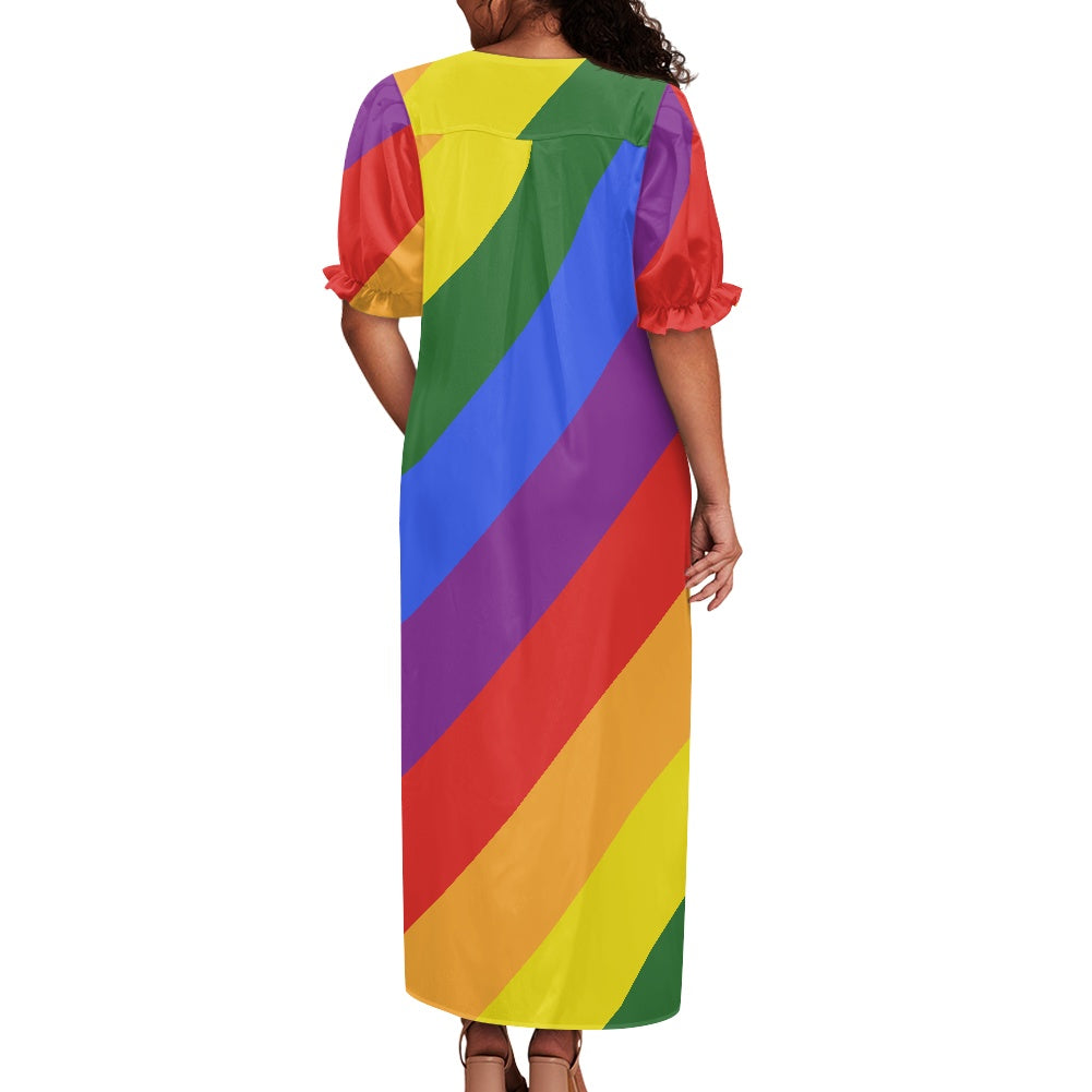 Rainbow Puff Sleeve Dress - Soft Polyester, Unique Collarbone-Flattering Design, Perfect for Multiple Occasions