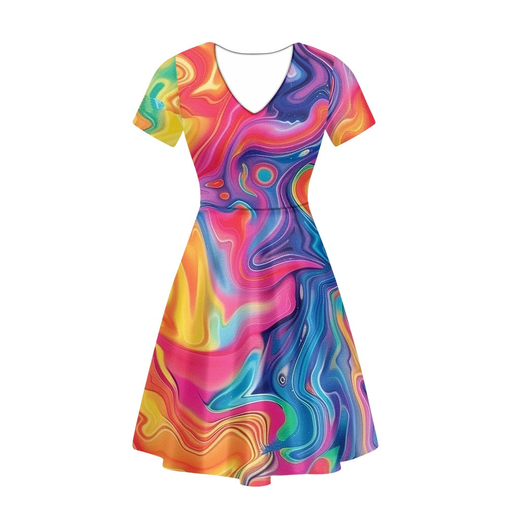 Women V-Neck Short Sleeve Ruffle Dress white