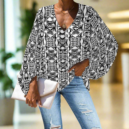 Black and White Ethnic V-Neck Chiffon Puff Sleeve Blouse by Luxtrini
