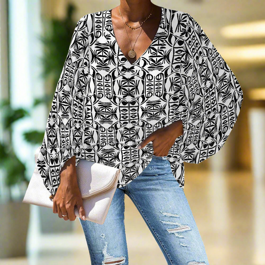 Black and White Ethnic V-Neck Chiffon Puff Sleeve Blouse by Luxtrini