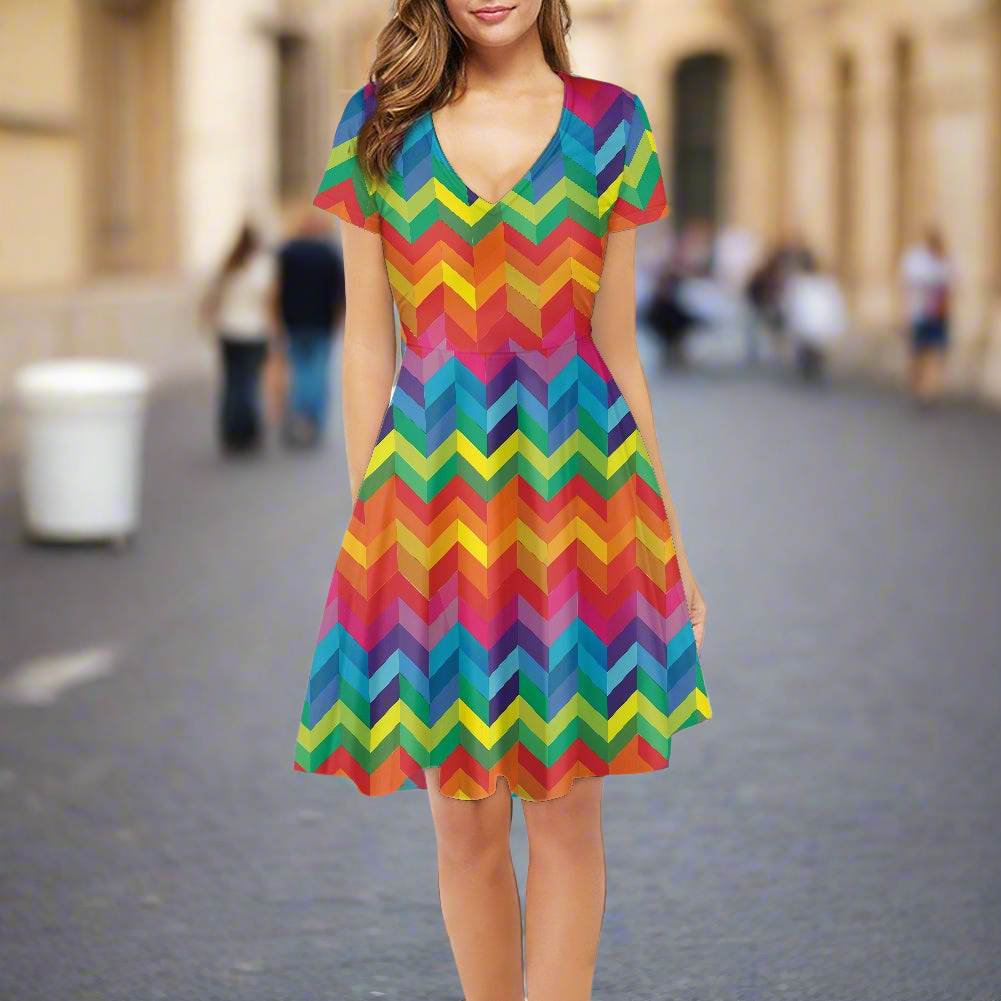 Rainbow Chevron Women V-Neck Short Sleeve Ruffle Dress