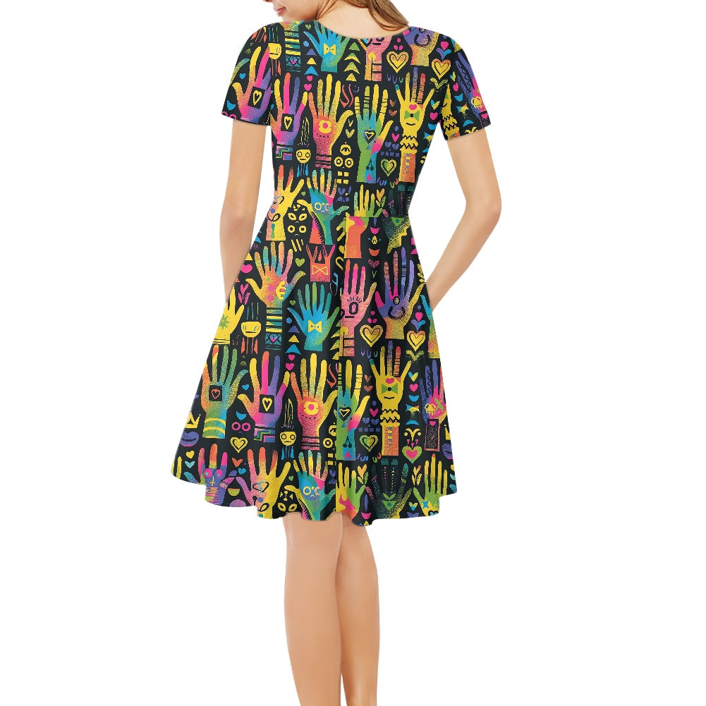 Women V-Neck Short Sleeve Ruffle Dress