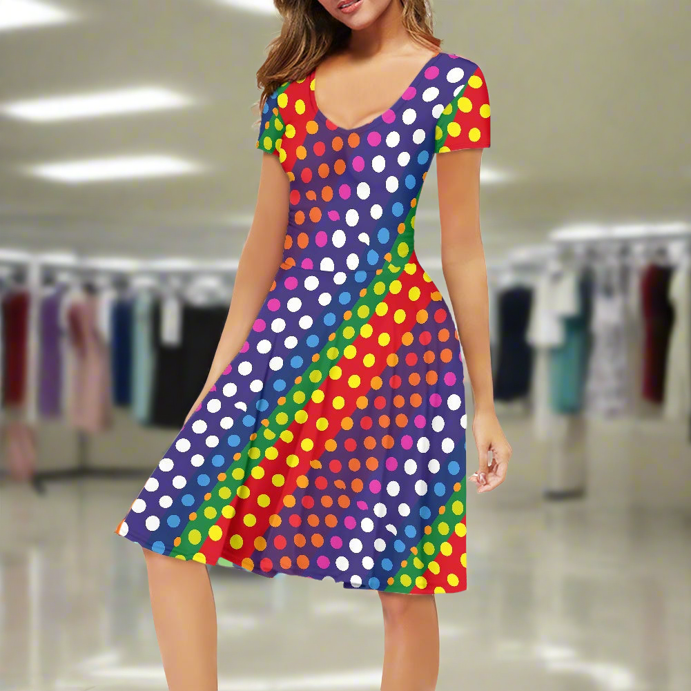 LGBTQ-Friendly Rainbow Polka Dot V-Neck Women Short Sleeve Ruffle Dress by Luxtrini