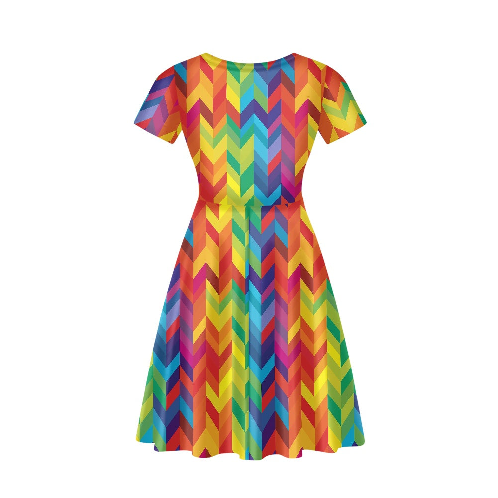 Rainbow Chevron Women V-Neck Short Sleeve Ruffle Dress
