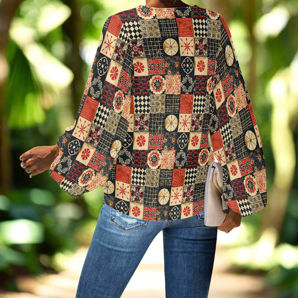 V-Neck Chiffon Puff Sleeve Blouse with Ethnic and Cultural Patterns – Stylish and Comfortable by Luxtrini