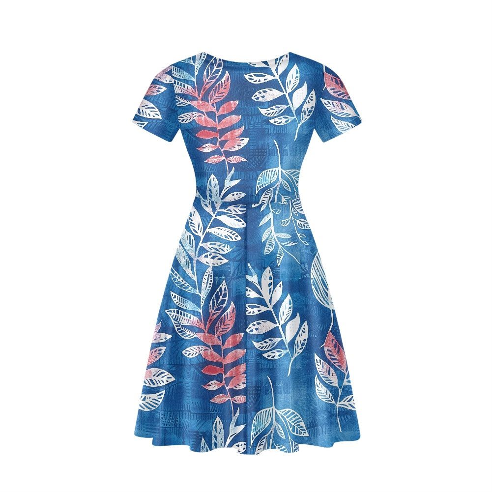 Blue Leaves Women V-Neck Short Sleeve Ruffle Dress