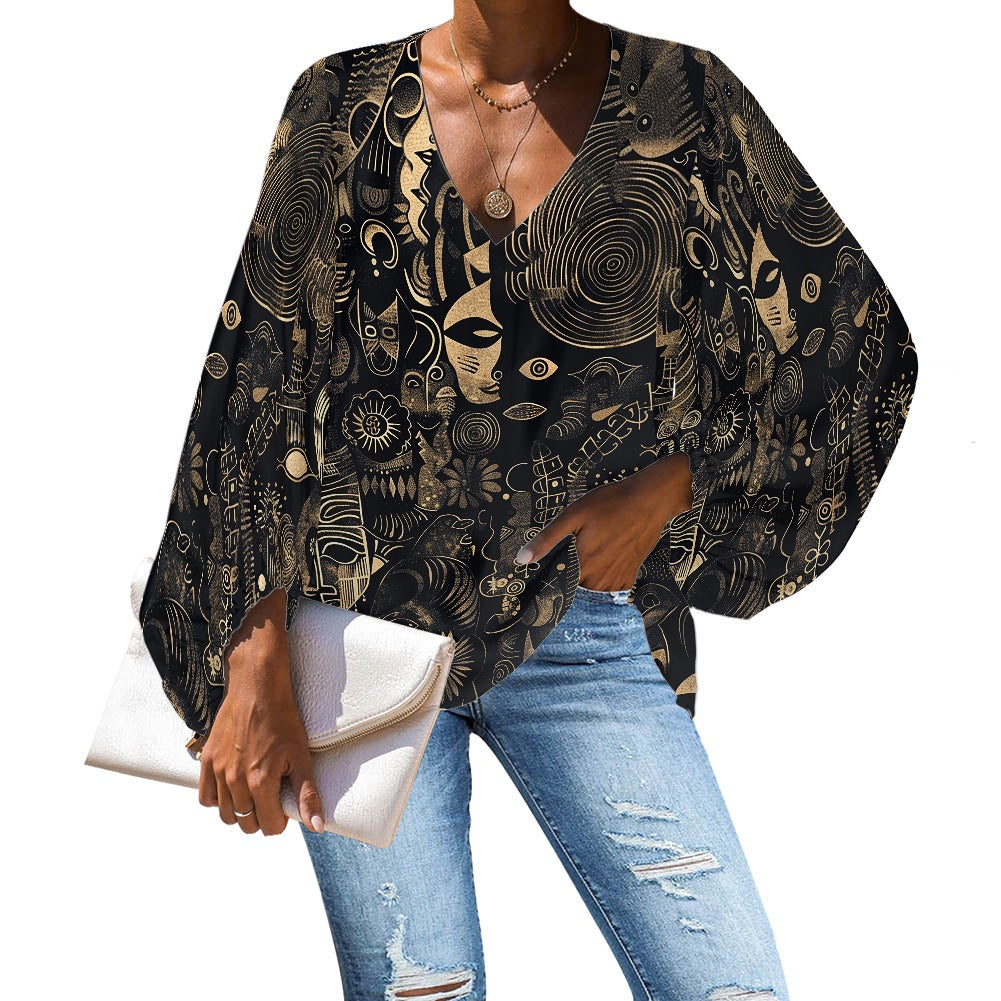 V-Neck Chiffon Puff Sleeve Blouse by Luxtrini 4XL