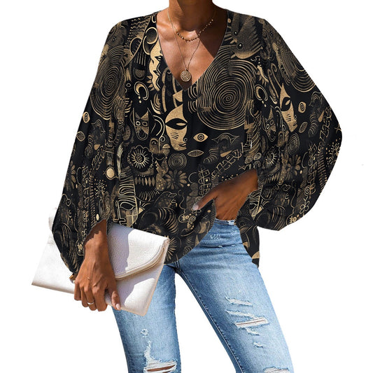 V-Neck Chiffon Puff Sleeve Blouse by Luxtrini 4XL