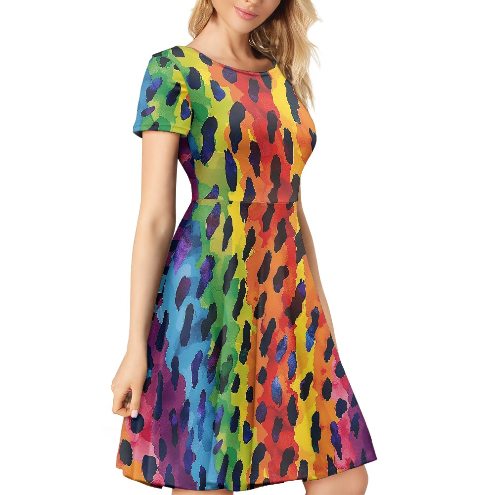 Women Scoop Neck Short Sleeve Ruffle Dress