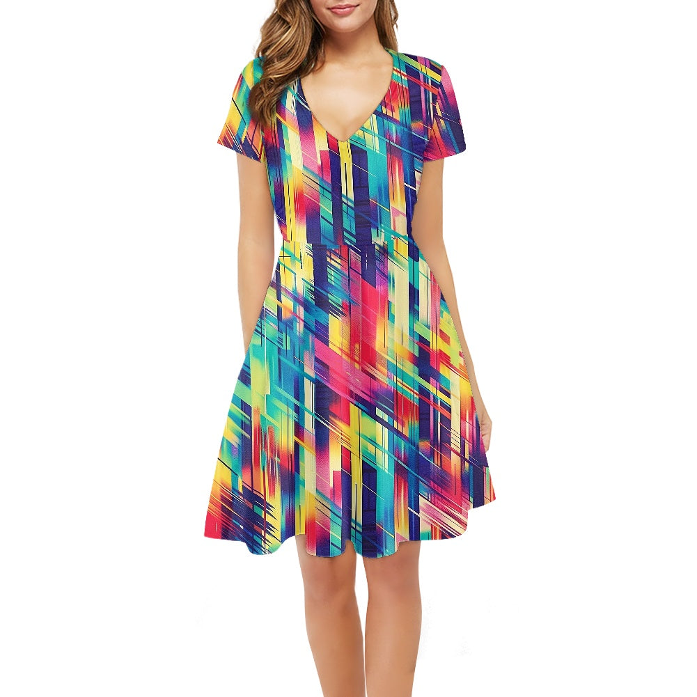 Rainbow Glitch Women V-Neck Short Sleeve Ruffle Dress