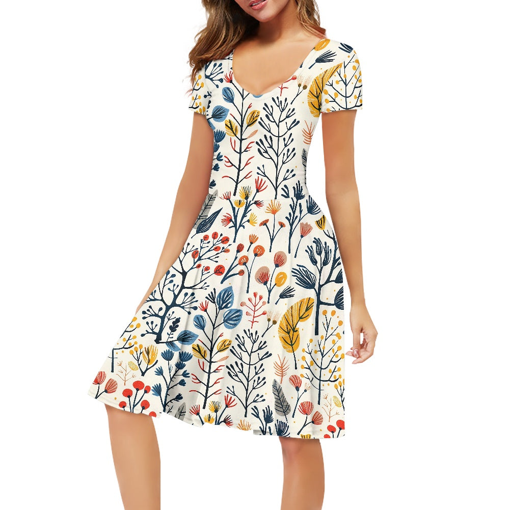 Women V-Neck Short Sleeve Ruffle Dress