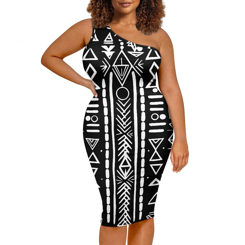 Discover Elegance: Luxtrini's One-Shoulder Slim Dress - B&W Ethnic