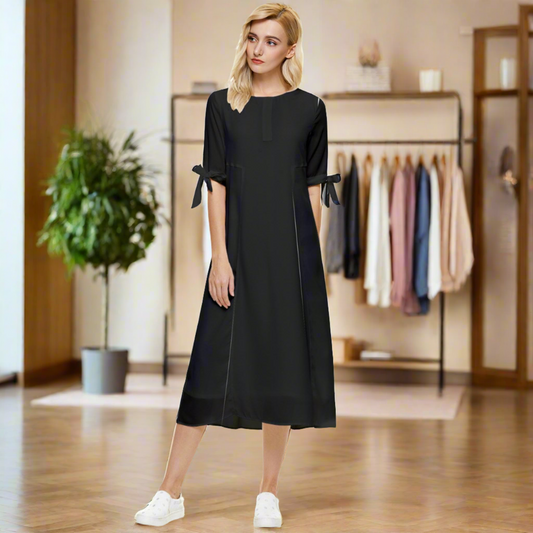 Introducing the Luxtrini Classic Black Bow Sleeve Chiffon Midi Dress