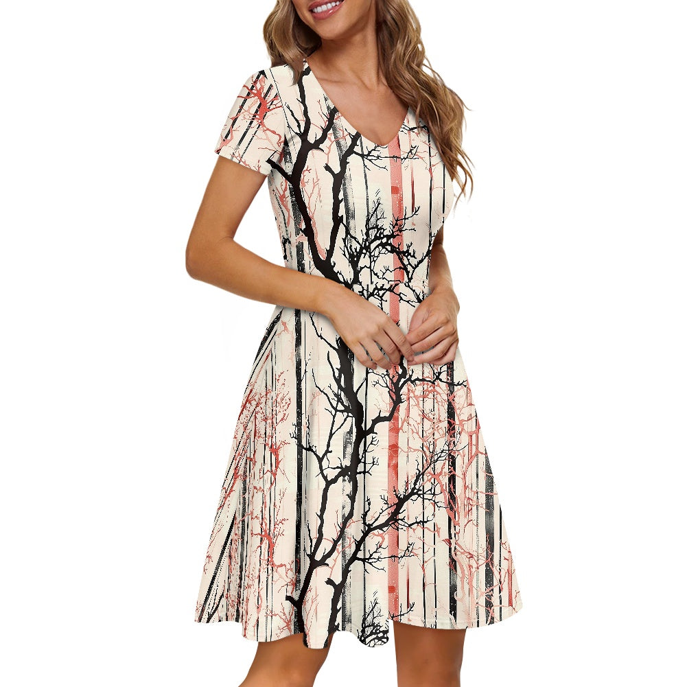 Women V-Neck Short Sleeve Ruffle Dress