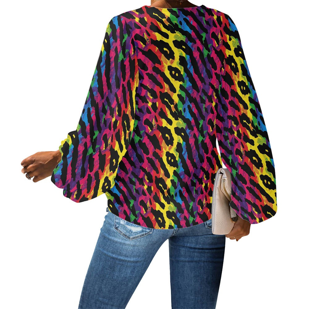 V-Neck Chiffon Puff Sleeve Blouse by Luxtrini