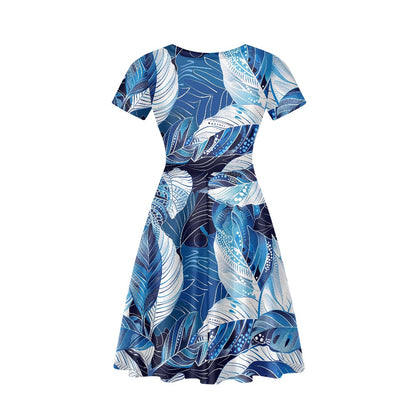 Blue Leaves Women V-Neck Short Sleeve Ruffle Dress