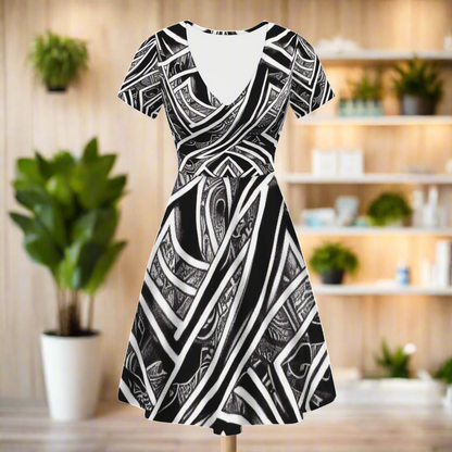 Black and White Polynesian V-Neck Women Ruffle Bottom Dress