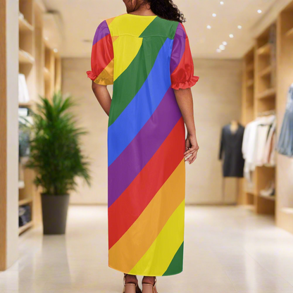 Rainbow Puff Sleeve Dress - Soft Polyester, Unique Collarbone-Flattering Design, Perfect for Multiple Occasions