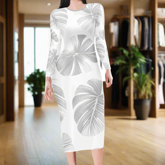 White Monstera Women Bodycon Midi Sheath Dress - up to 4XL