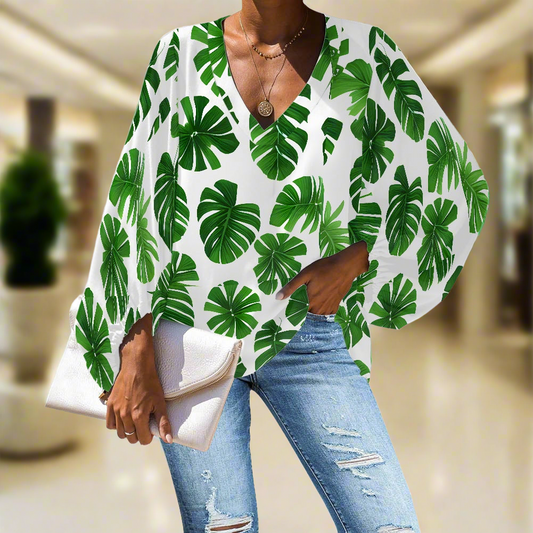 Green Monstera Leaves V-Neck Chiffon Puff Sleeve Blouse by Luxtrini