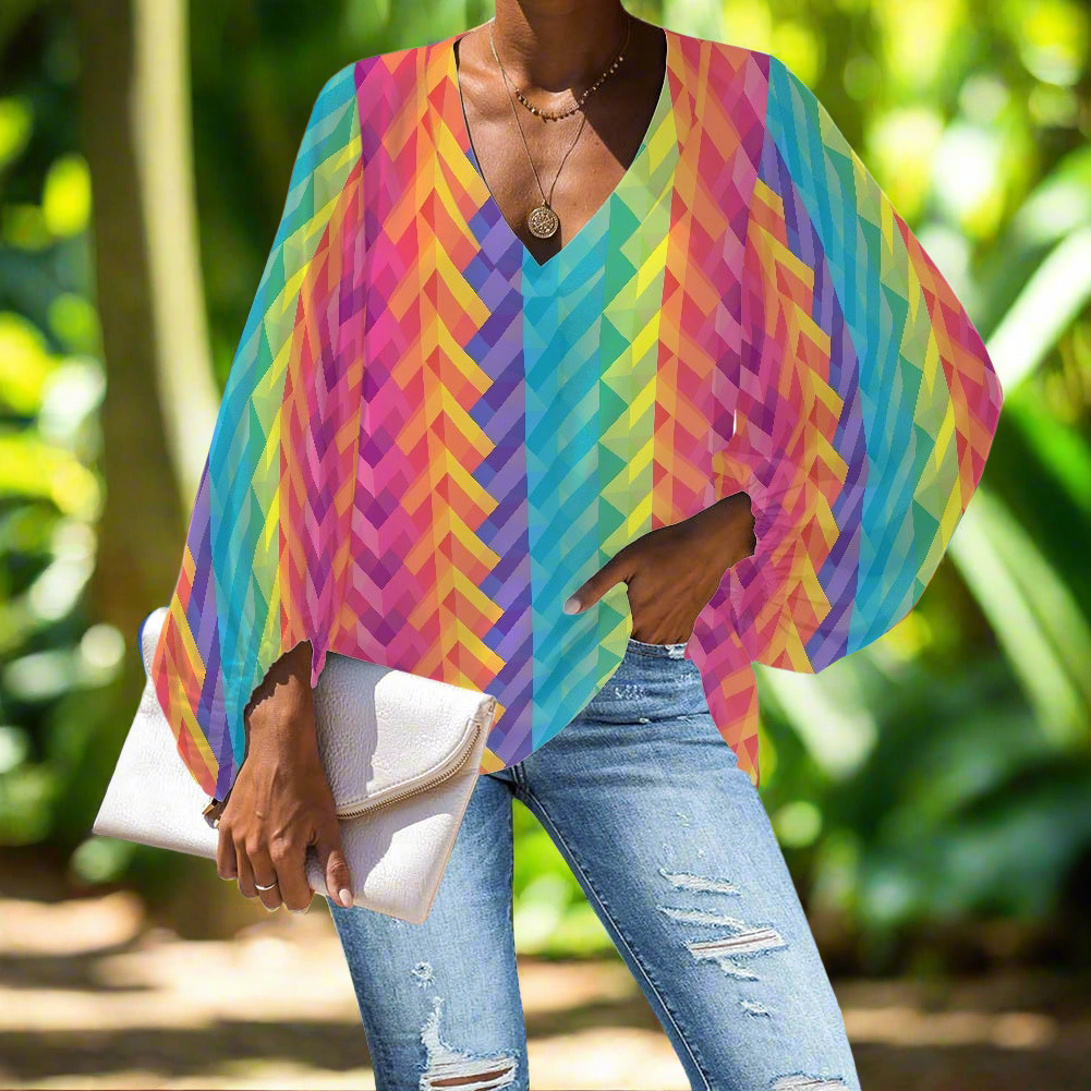 V-Neck Chiffon Puff Sleeve Blouse with Geometric Rainbow Patterns – Bold and Stylish by Luxtrini