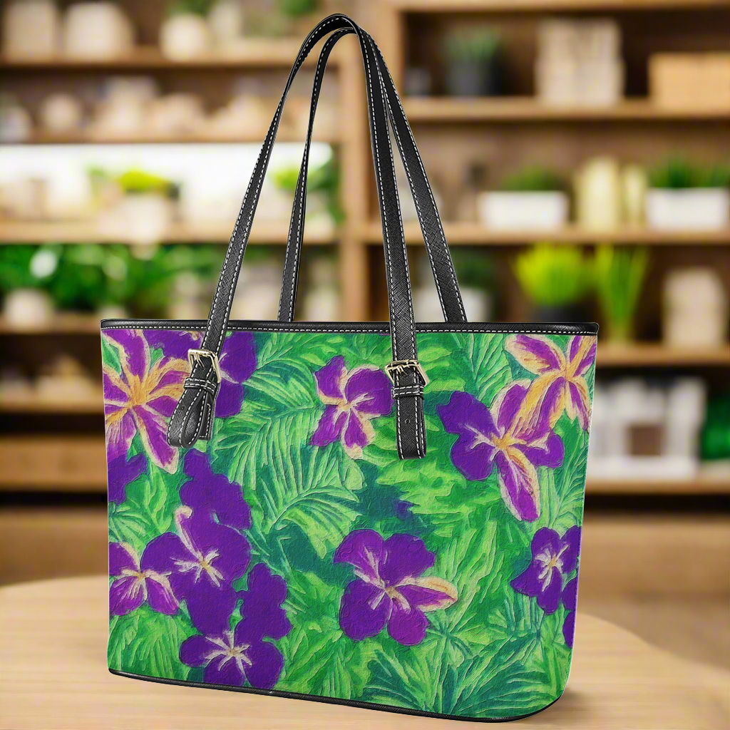 Blue Flag Iris Leather Tote Bags