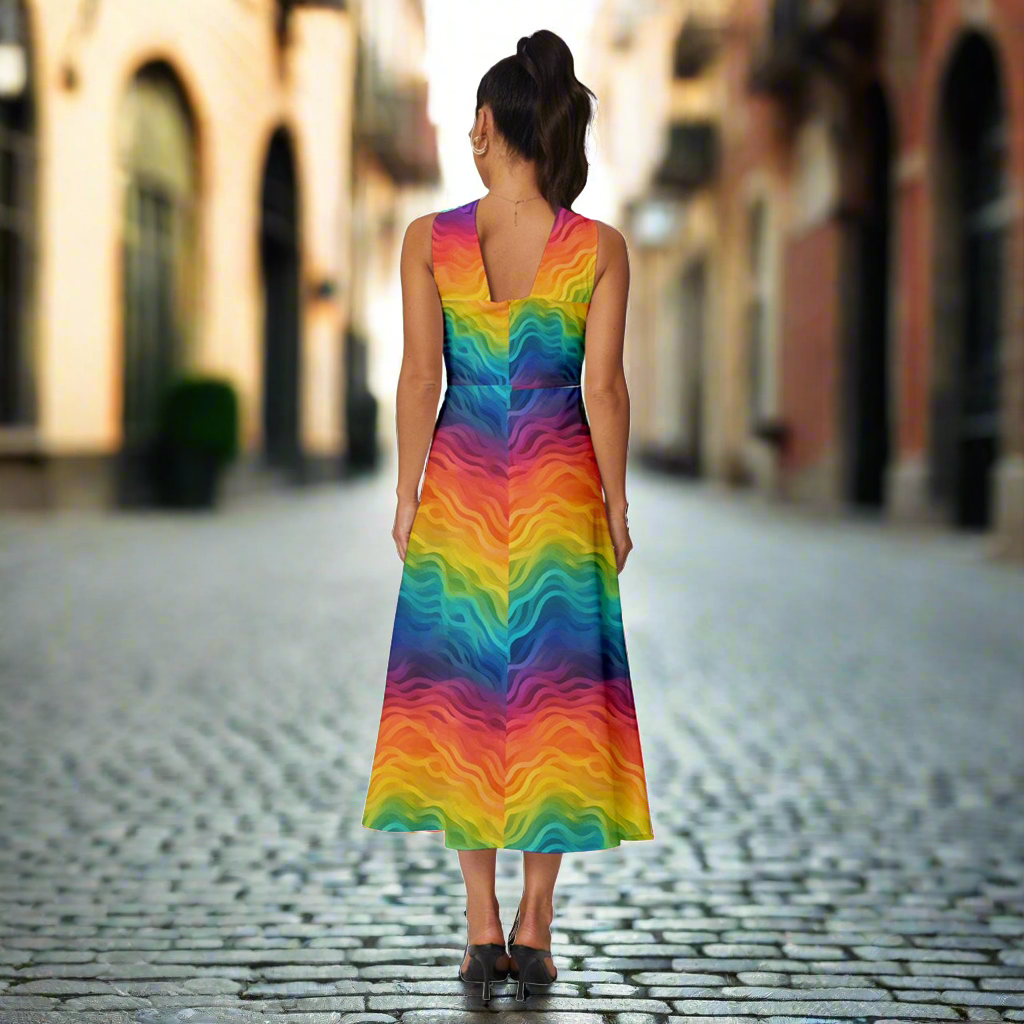 LGBTQ Rainbow Pride Sleeveless Cross Front Cocktail Midi Chiffon Dress