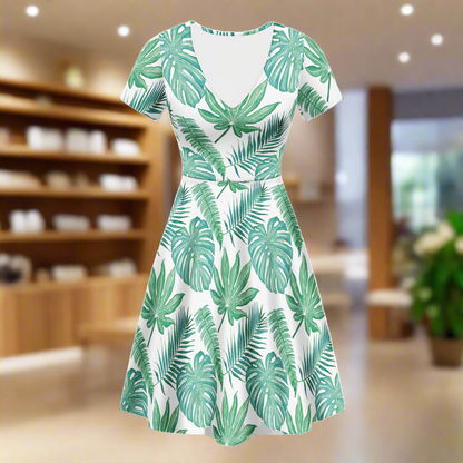 Palm and Monstera Leaf Green V-Neck Women Ruffle Bottom Dress