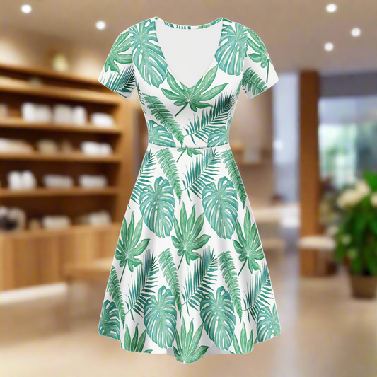 Palm and Monstera Leaf Green V-Neck Women Ruffle Bottom Dress