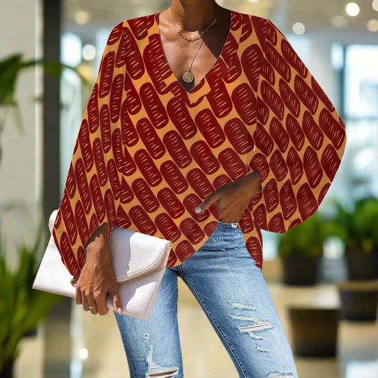 Orange and Ochre Mudcloth V-Neck Chiffon Puff Sleeve Blouse by Luxtrini