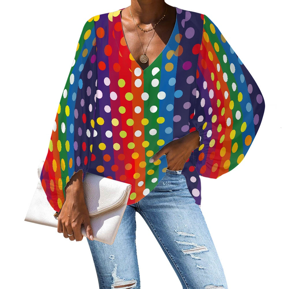 Polka Dots on Rainbow Stripes V-Neck Chiffon Puff Sleeve Blouse – LGBTQ+ Polka Dot Pattern by Luxtrini 4XL