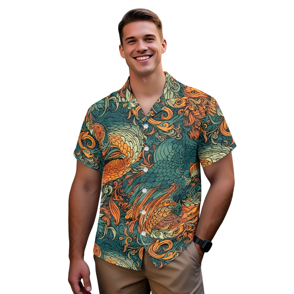 Luxtrini Men’s Dragon and Phoenix Aloha Shirt – Eco Hawaiian Button-Up with Artistic Mythology Print (2XS–7XL)