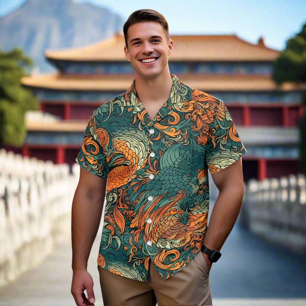 Luxtrini Men’s Dragon and Phoenix Aloha Shirt – Eco Hawaiian Button-Up with Artistic Mythology Print (2XS–7XL)
