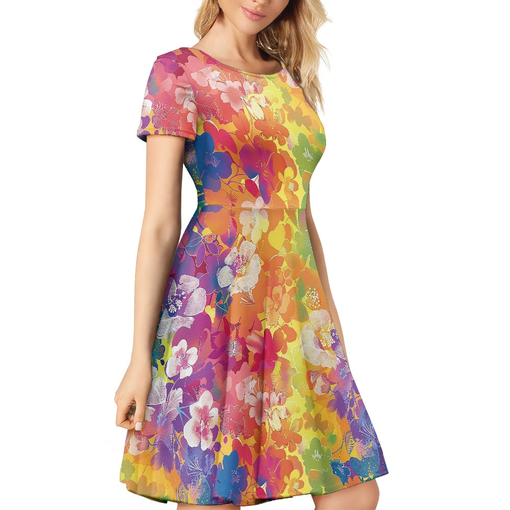 Women Scoop Neck Short Sleeve Ruffle Dress