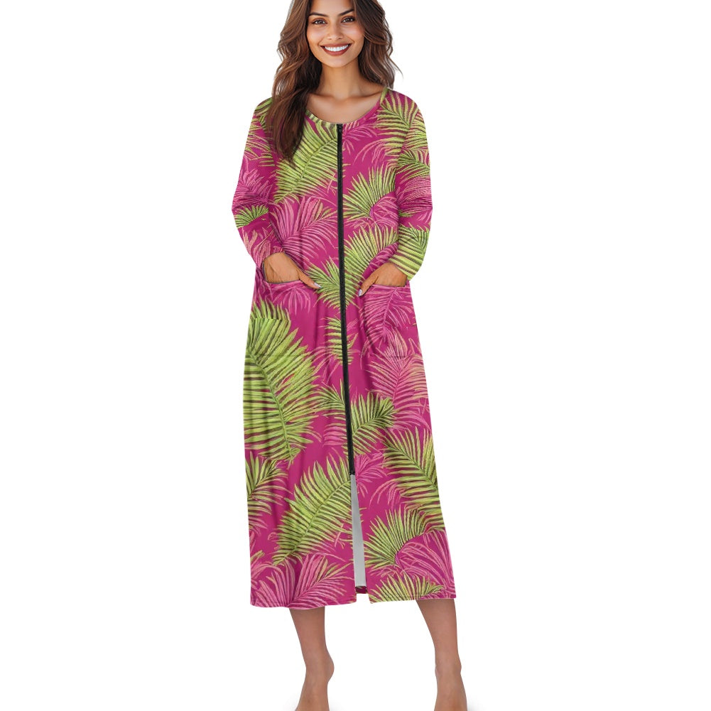 🌿 Tropical Serenity Zipper Nightdress – Luxuriously Soft Comfort