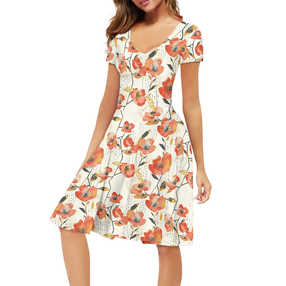 Women V-Neck Short Sleeve Ruffle Dress