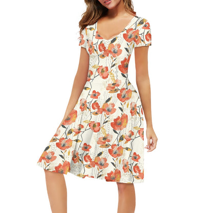 Women V-Neck Short Sleeve Ruffle Dress
