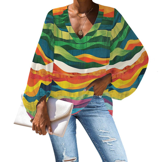 V-Neck Chiffon Puff Sleeve Blouse by Luxtrini 4XL