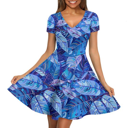 Women V-Neck Short Sleeve Ruffle Dress