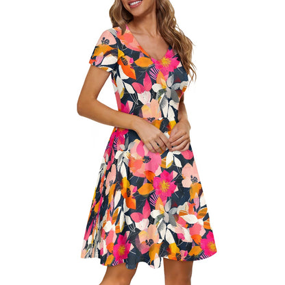 Women V-Neck Short Sleeve Ruffle Dress