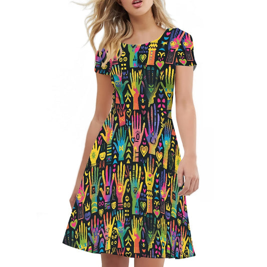 Women Scoop Neck Short Sleeve Ruffle Dress