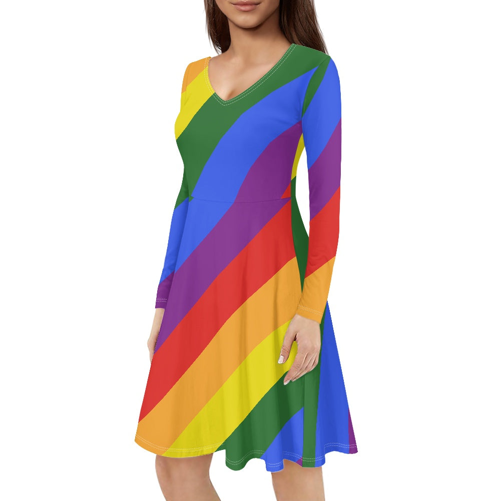 Rainbow V-Neck Long Sleeve Ruffle Dress