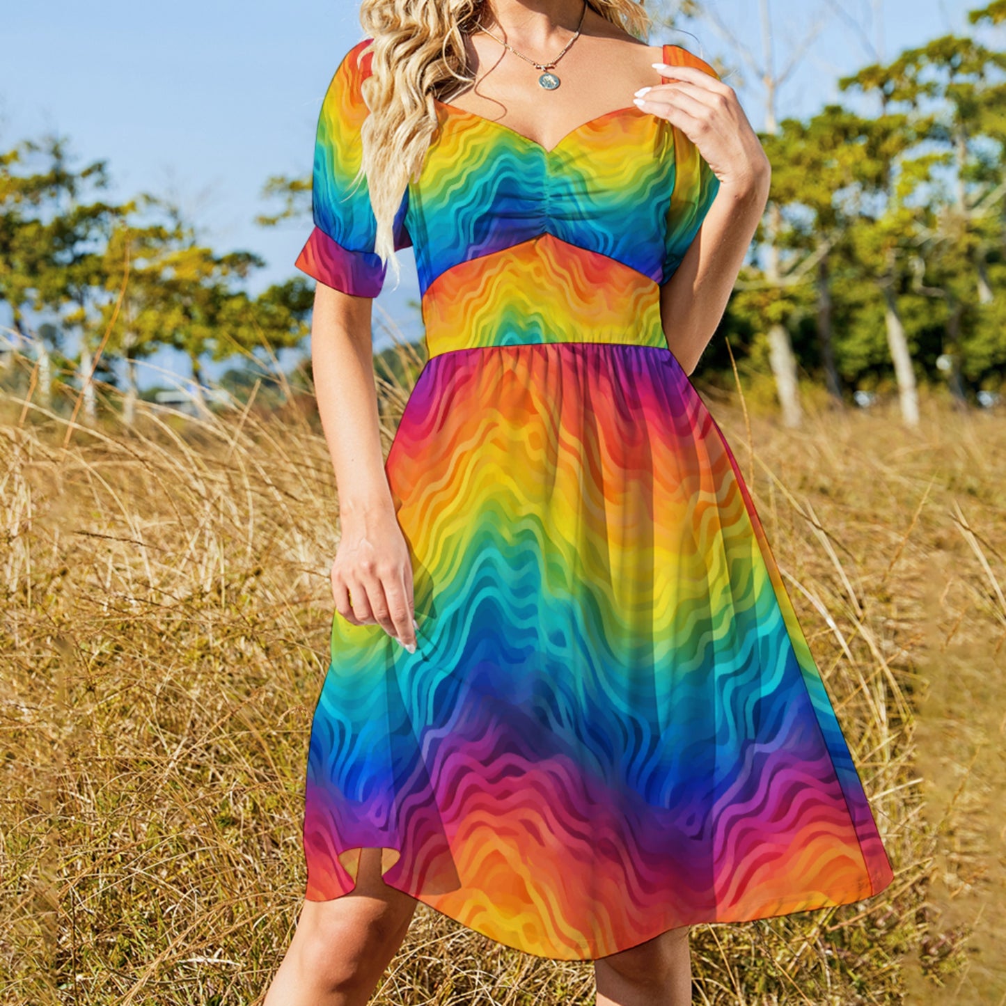 Rainbow Puff Sleeve Dress – Flowy Pride Midi, Short Sleeves & Slim Waist – Colorful Festival or Summer Outfit