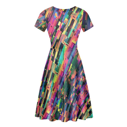 Rainbow Glitch Women Scoop Neck Short Sleeve Ruffle Dress