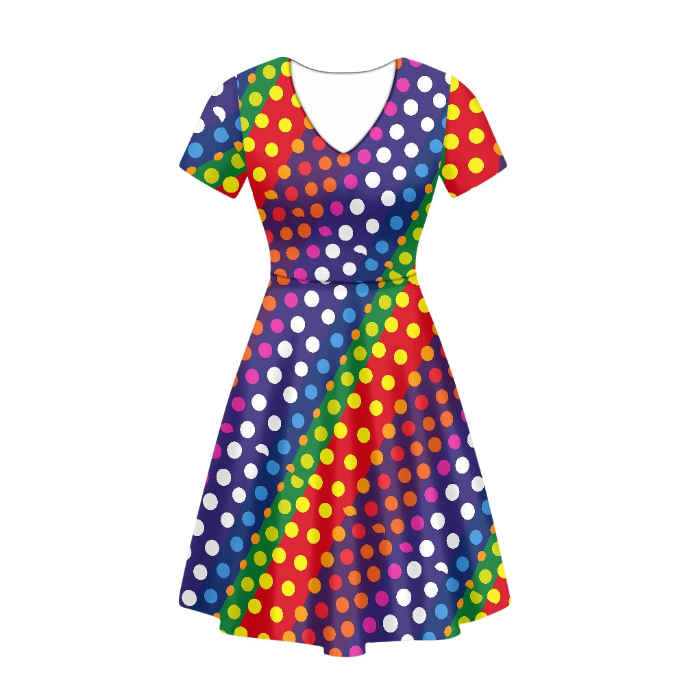 LGBTQ-Friendly Rainbow Polka Dot V-Neck Women Short Sleeve Ruffle Dress by Luxtrini