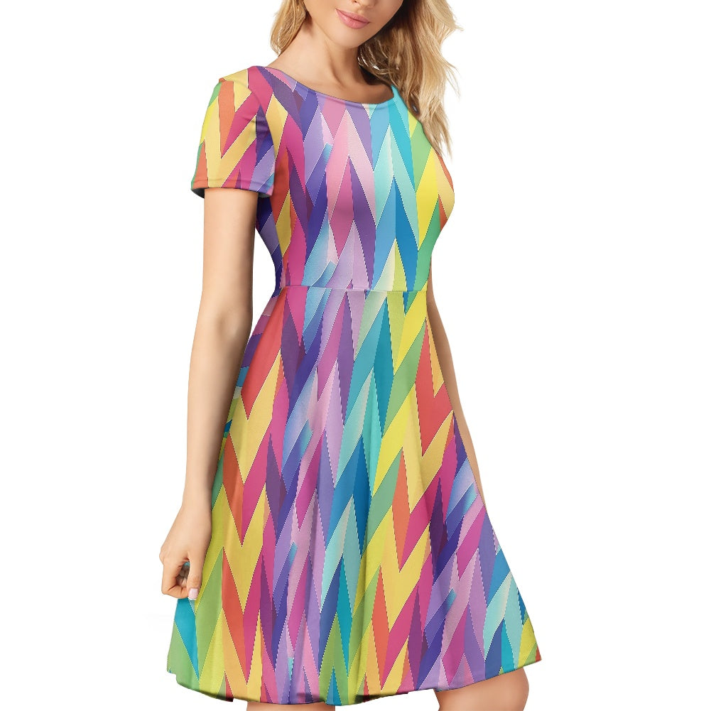 Chevron Rainbow LGBTQ Women Scoop Neck Short Sleeve Ruffle Dress