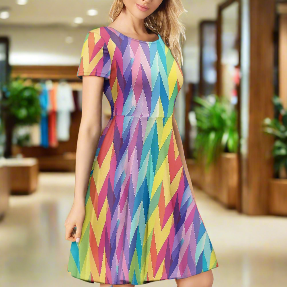 Chevron Rainbow LGBTQ Women Scoop Neck Short Sleeve Ruffle Dress